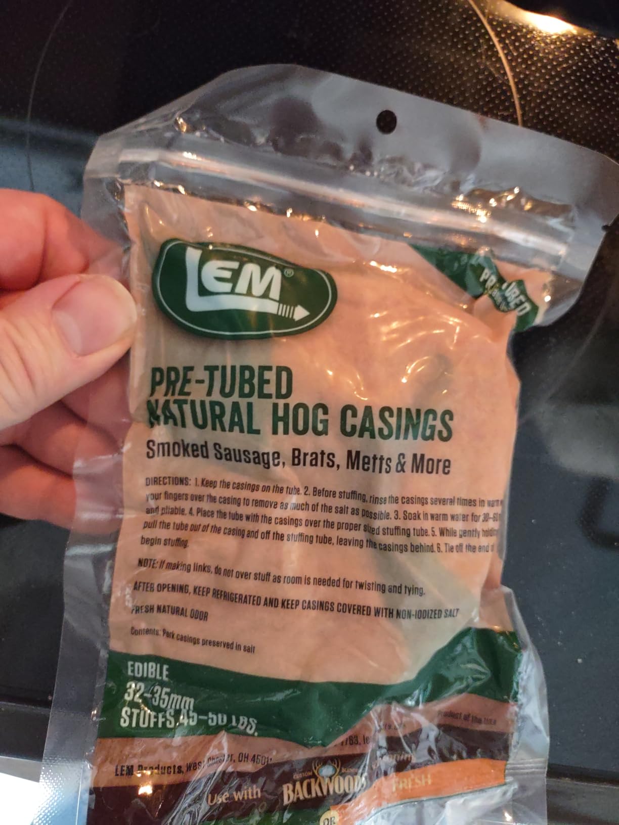 LEM Products Natural Hog Casings, 32-35mm, Edible Sausage Casings, Stuffs Approximately 30 Pounds, Great for Sausage Links, Franks, Metts, and More, 6.1 Ounce Package customer photo 1