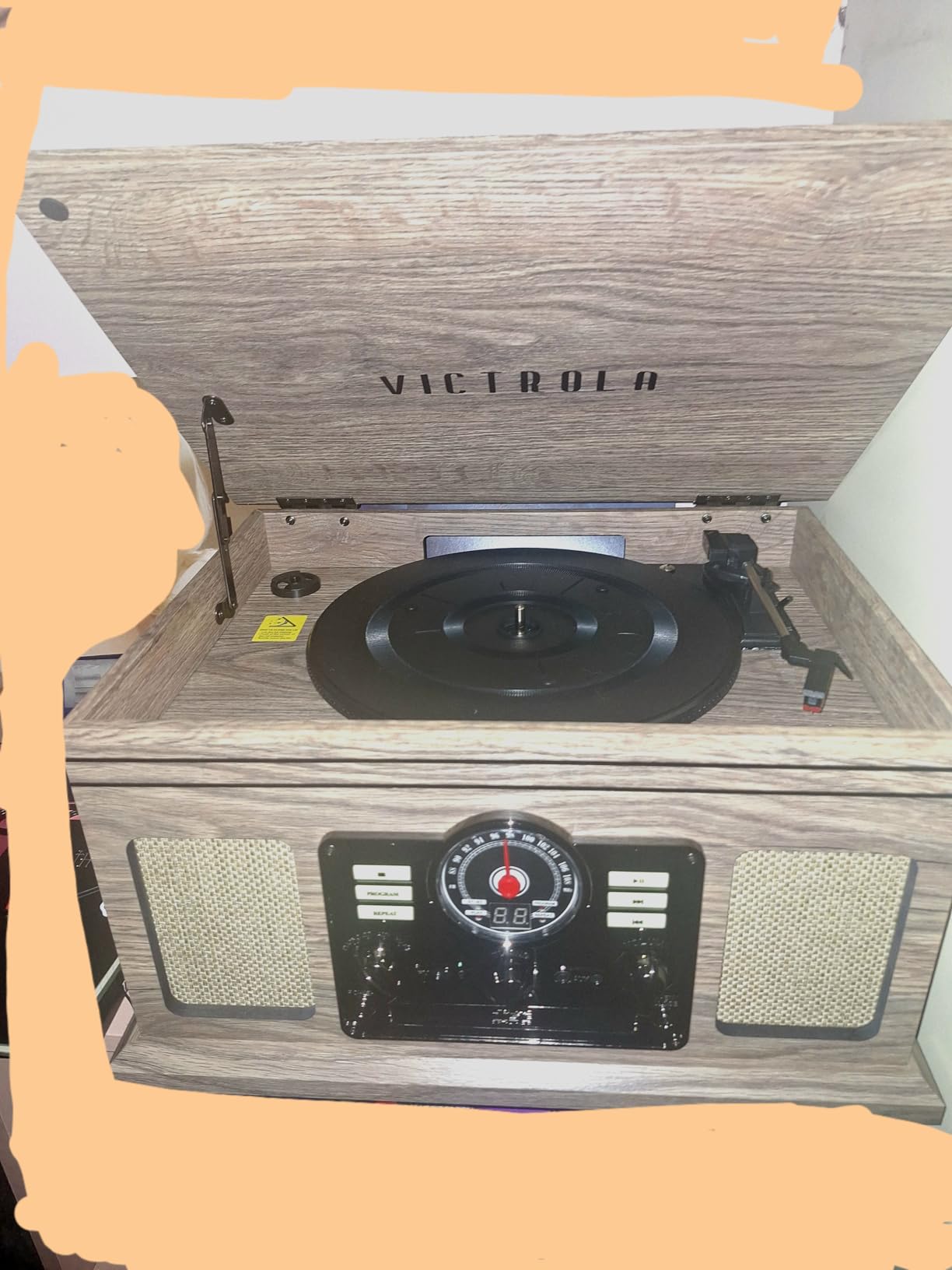 Victrola The Quincy 6-in-1 Bluetooth Record Player & Multimedia Center with Built-in Speakers - 3-Speed Turntable, CD & Cassette Player, AM/FM Radio, Wireless Music Streaming (Mahogony) customer photo 2