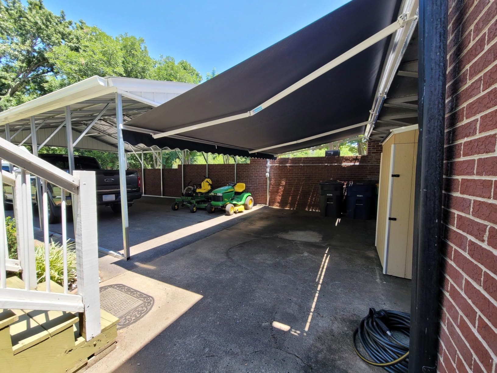 Aleko 20x10 feet Caribbean Style Electric White Frame Awning, Remote Control Motorized & Manual Crank, Outdoor Shade Canopy with UV-Resistant Fabric - Desert Sand customer photo 2