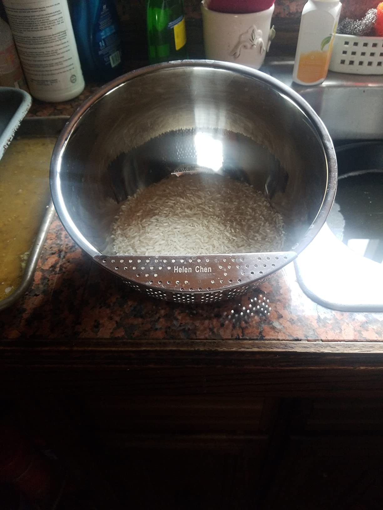 Helen's Asian Kitchen Professional Rice Washing Bowl - Stainless Steel Rice Rinser Strainer with Side Drainer, 3-Quart Capacity customer photo 1