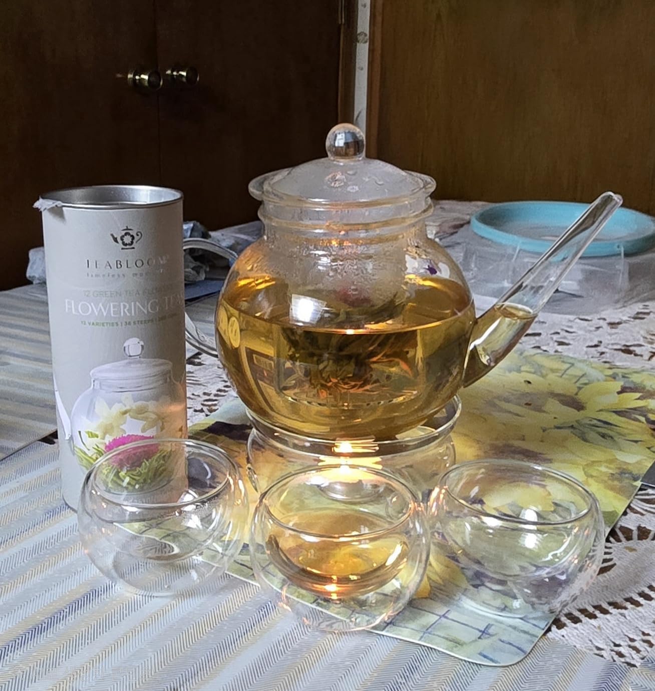Teabloom Complete Glass Tea Set - Teapot (40 oz), Loose Tea Infuser, 4 Insulated Teacups, Tea Warmer with Candlelight, and 12 Flowering Teas - Elegant Blooming Tea Gift Set customer photo 2