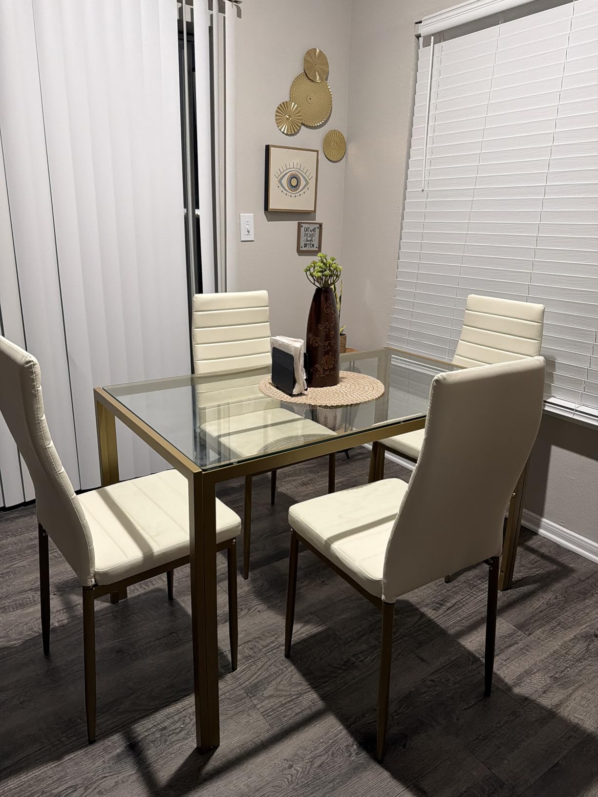 Best Choice Products 5-Piece Glass Dining Set, Modern Kitchen Table Furniture for Dining Room, Dinette, Compact Space-Saving w/Glass Tabletop, 4 Upholstered PU Chairs, Metal Steel Frame - Black customer photo 1