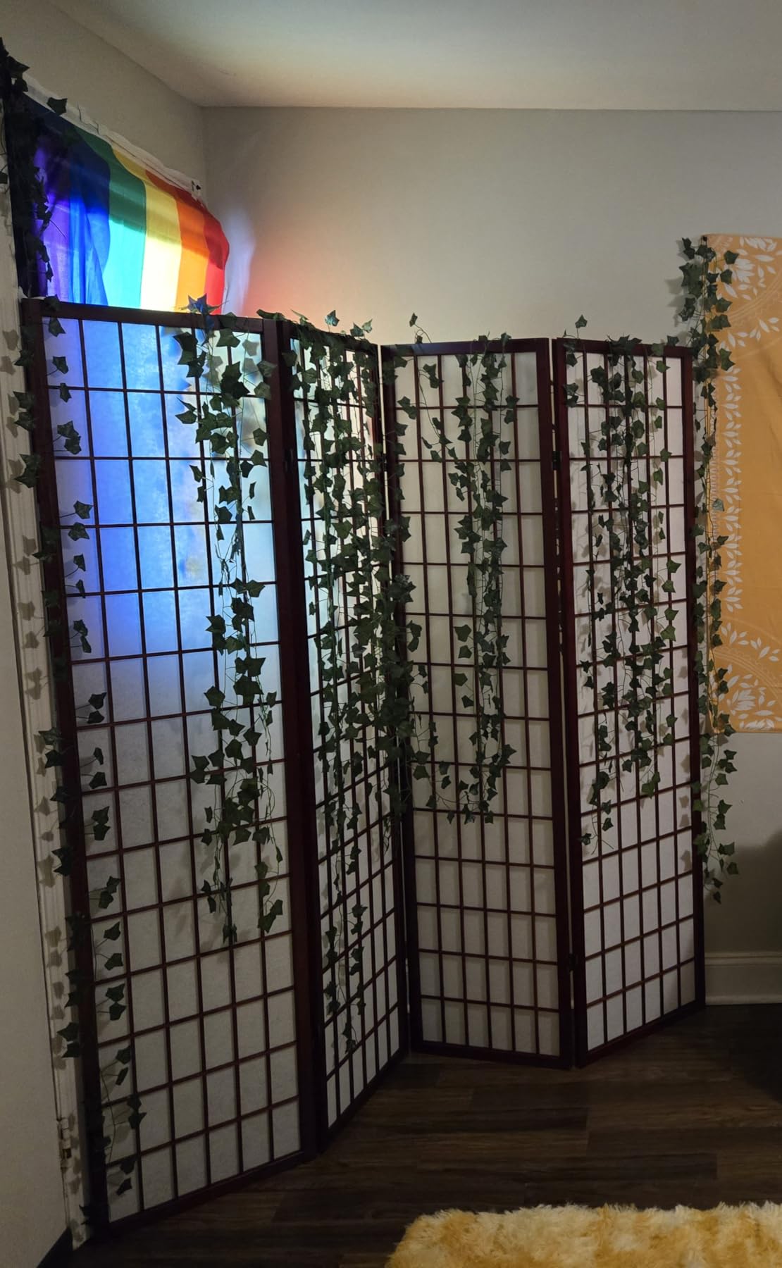 Roundhill Furniture Oriental Shoji 4 Panel Screen Room Divider, Natural customer photo 2