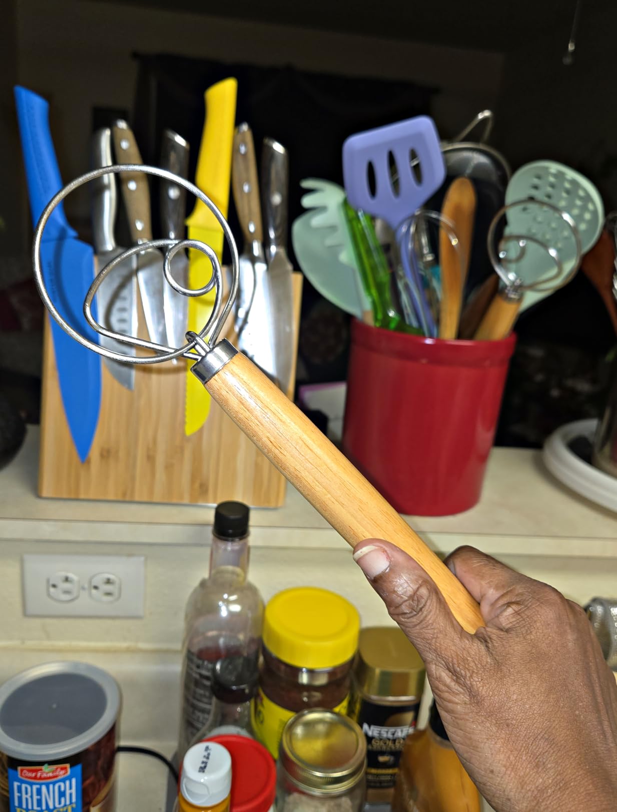 Pack of 2 Danish Dough Whisk, Kitchen Baking Flour Mixing Tool for Sourdough, Bread, Flour Paste, Butter, Pancake, Pizza, Cake, Pastry, Biscuits, Wooden Handle Stainless Steel Ring customer photo 1
