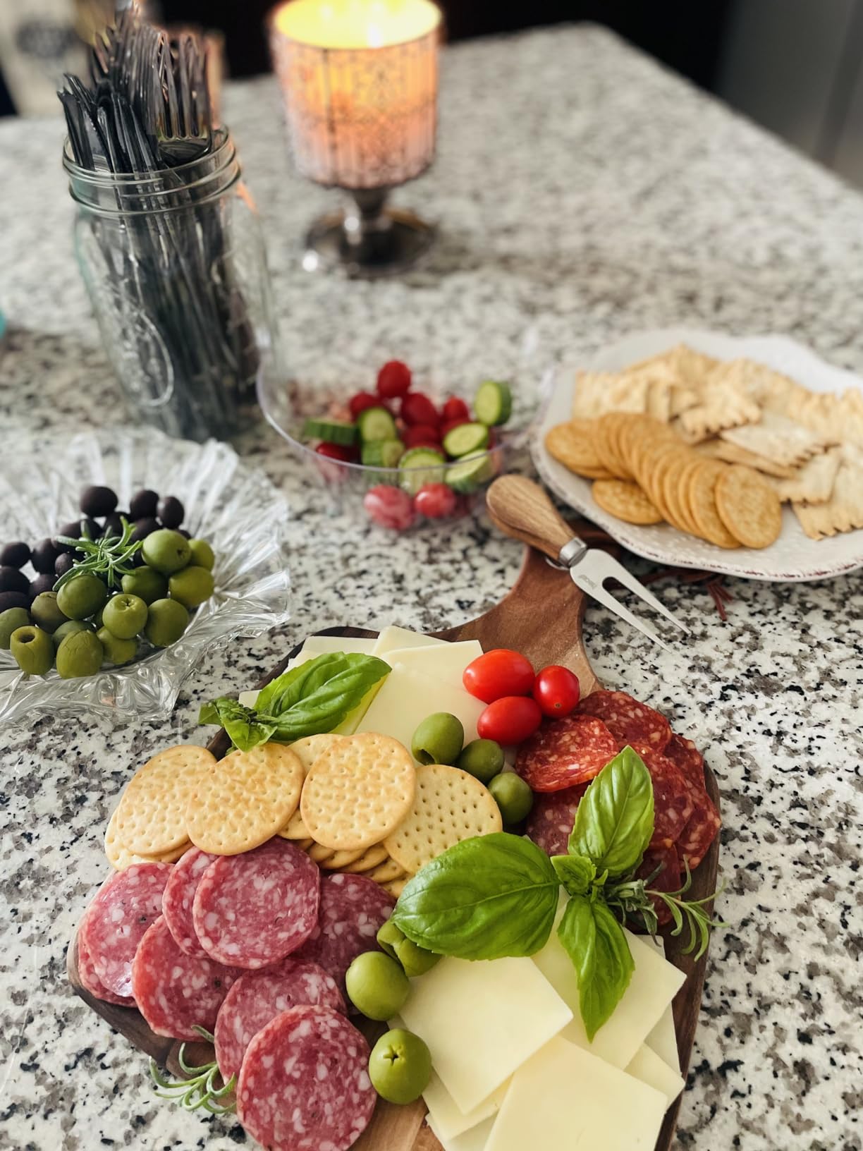 hecef Cheese Board set of 3, Acacia Wood Cheese Plate, a Knife, a Fork, Charcuterie Board Platter Slate Serving Set for Appetizer Birthdays, Weddings, Housewarming (Cheese board with 2 knives) customer photo 2