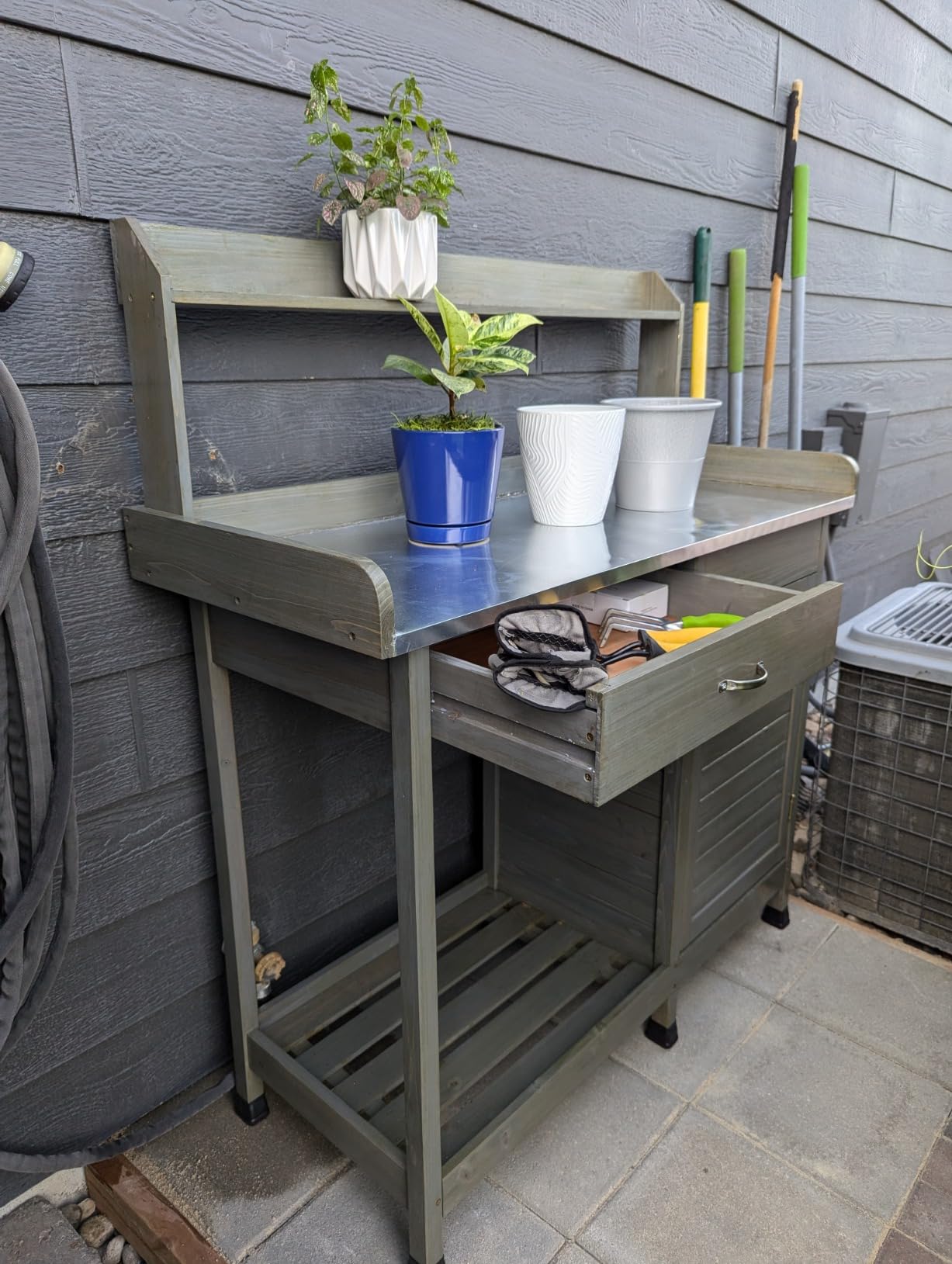 Yaheetech Outdoor Garden Potting Bench Table Work Bench Metal Tabletop W/Cabinet Drawer Open Shelf Natural Wood customer photo 2
