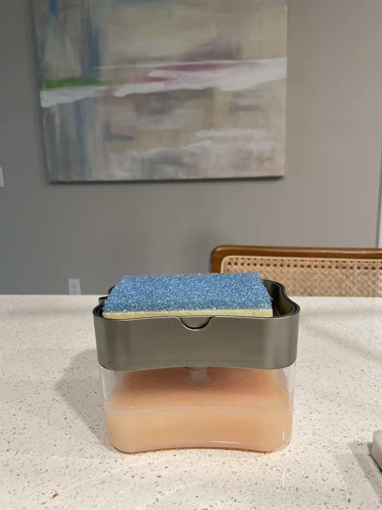 S&T INC. Dish Soap Dispenser and Sponge Holder for Kitchen Sink, Sponge Included, 13 Ounces, Metallic Silver customer photo 1