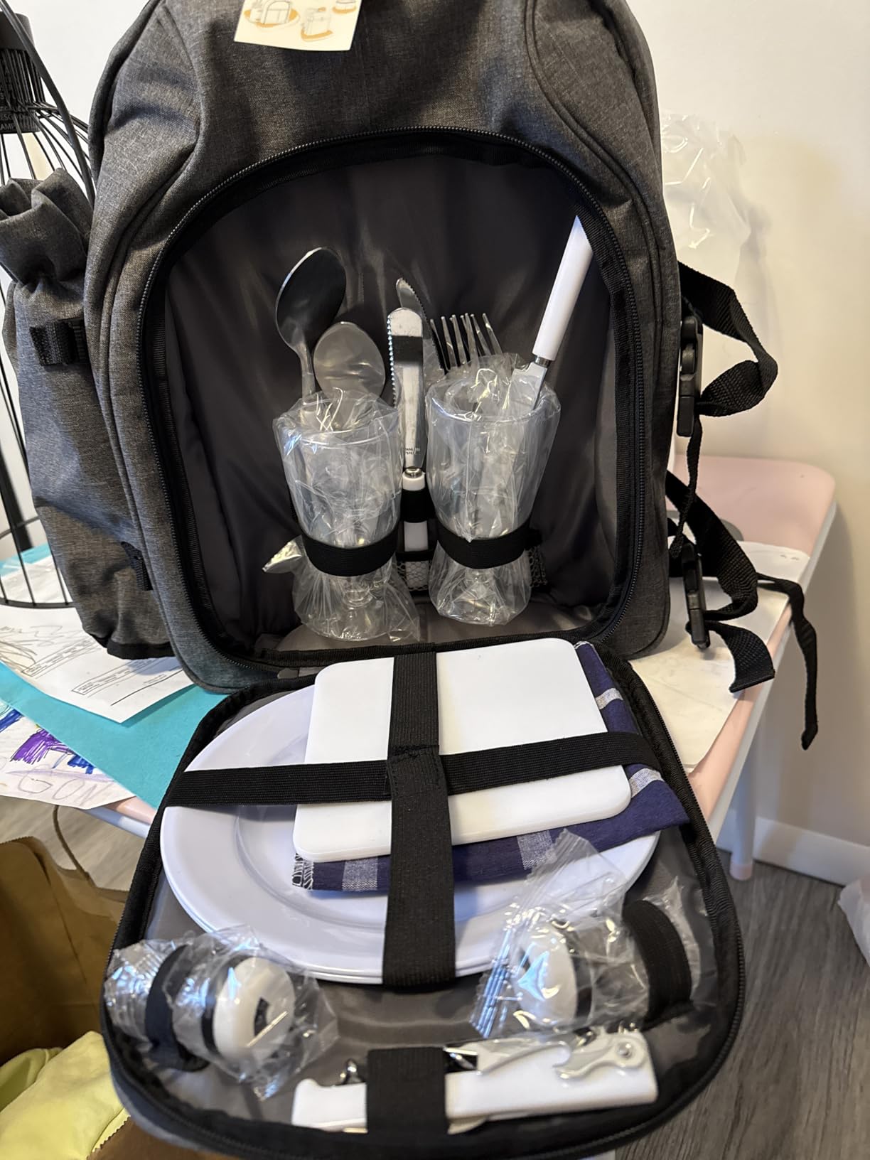 Apollo Walker Picnic Backpack Bag for 2 Person with Cooler Compartment, Detachable Bottle/Wine Holder, Fleece Blanket, Plates and Cutlery (Blue) customer photo 2