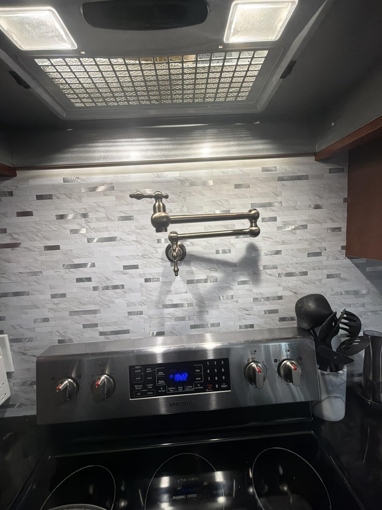 WOWOW Pot Filler Faucet Brushed Nickel - Solid Brass Pot Filler Wall-Mounted Pasta Faucet with Double Joint Swing Arm for Kitchen Over Stove customer photo 1