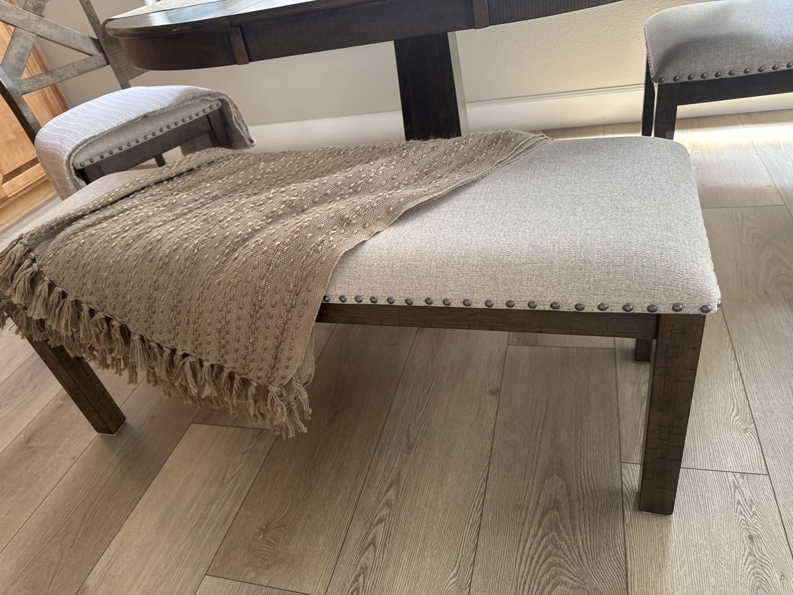 Signature Design by Ashley Moriville Casual Rustic Upholstered Dining Bench, Grey & Brown customer photo 2