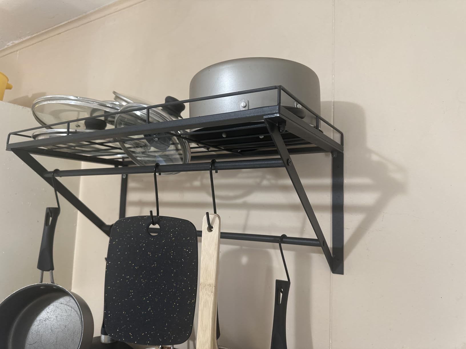OROPY 23 Inch Wall Mounted Pot Rack Storage Shelf with 2 Tier Hanging Rails 12 S Hooks included, Ideal for Pans, Utensils, Cookware, Plant Black customer photo 1