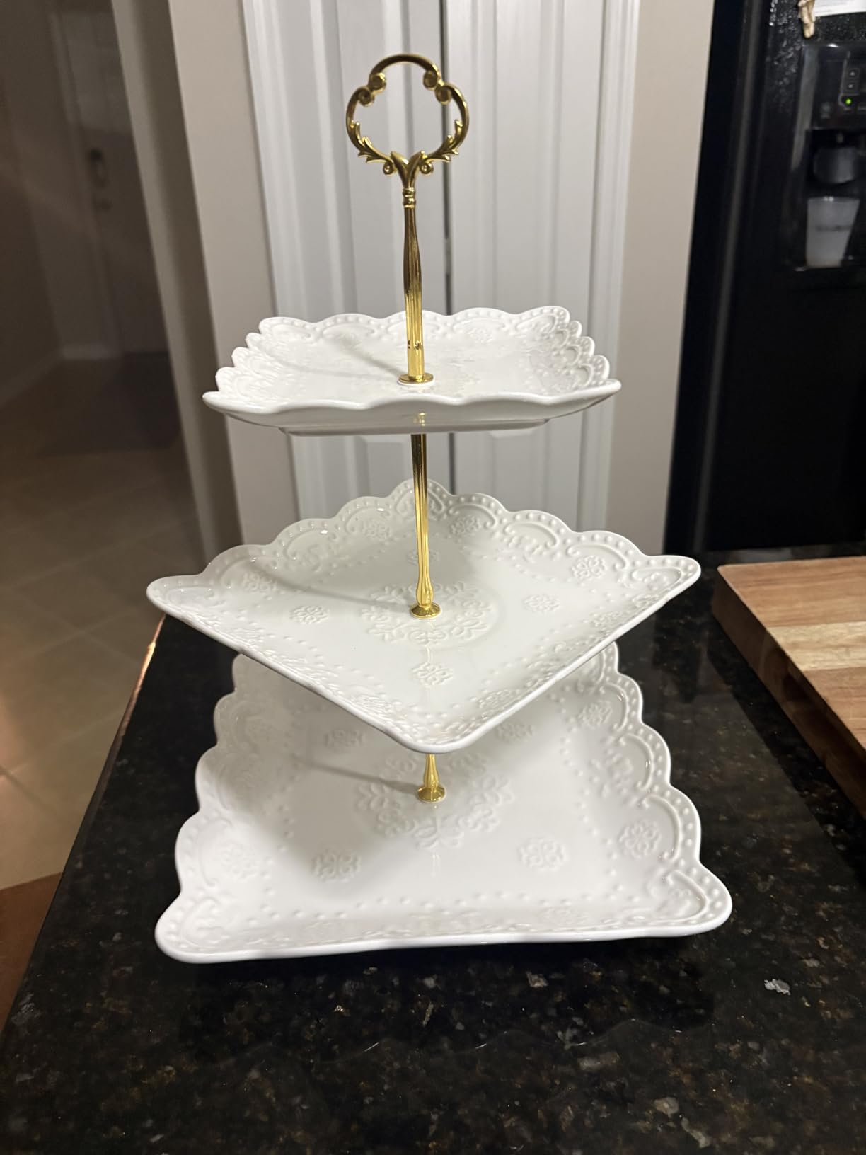 Sumerflos 3 Tier Porcelain Cupcake Stand, Tiered Serving Cake Stand, Square White Embossed Dessert Stand, Weddings Parties Pastry Serving Tray customer photo 2
