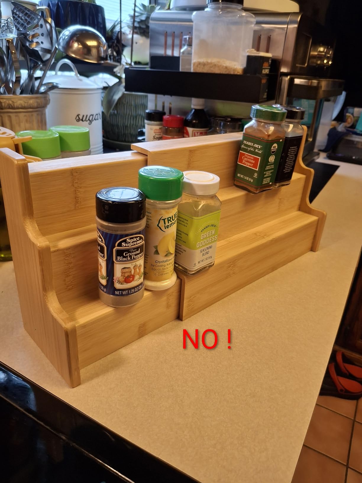 Spice Rack Kitchen Cabinet Organizer - 3 Tier Bamboo Expandable Display Shelf Yellow customer photo 2