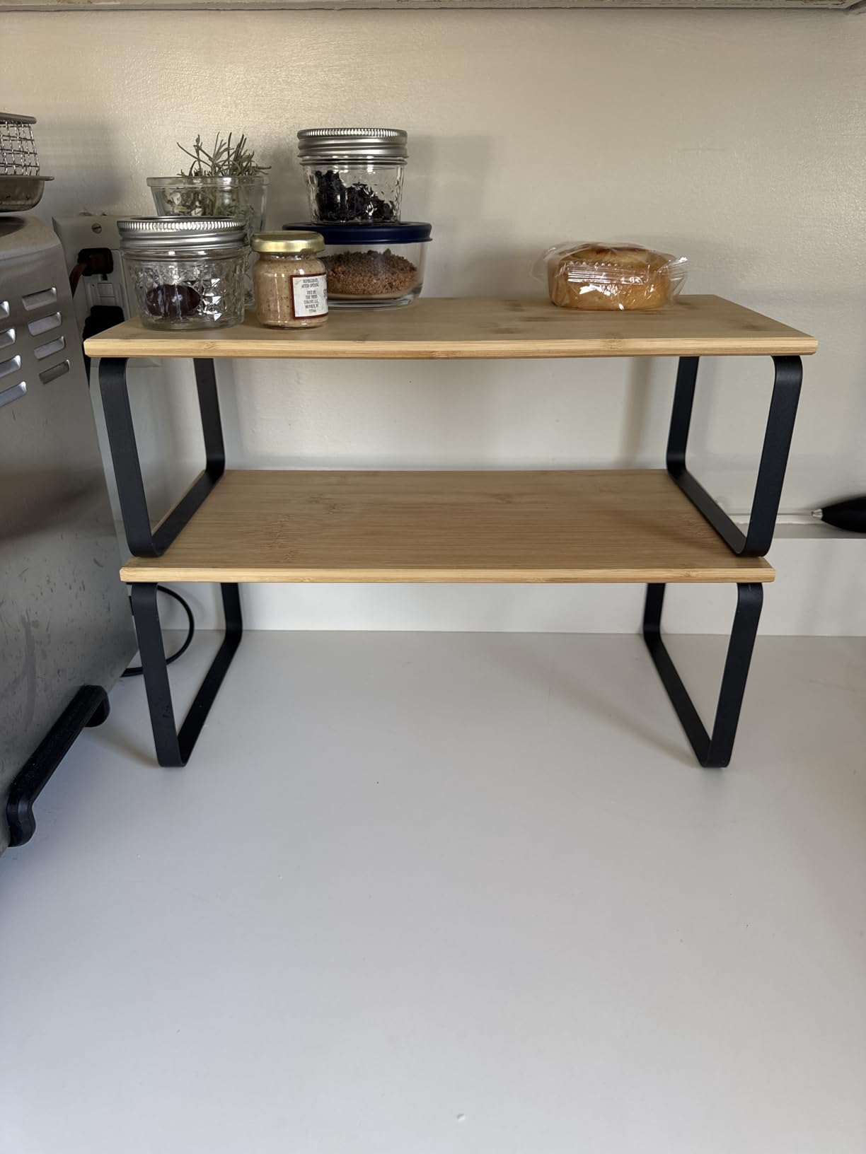 SONGMICS Cabinet Organizer Shelf, Set of 2 Kitchen Counter Shelves, Kitchen Storage, Spice Rack, Stackable, Expandable, Metal and Engineered Wood, Ink Black and Natural Beige UKCS02NB customer photo 1