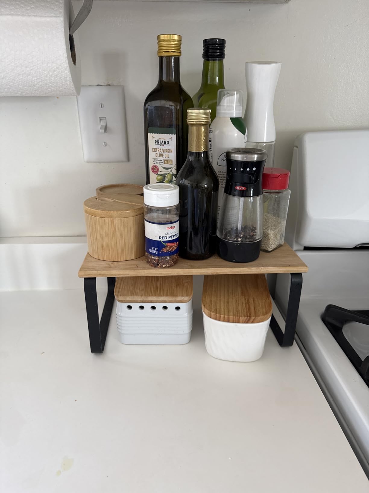 SONGMICS Cabinet Organizer Shelf, Set of 2 Kitchen Counter Shelves, Kitchen Storage, Spice Rack, Stackable, Expandable, Metal and Engineered Wood, Ink Black and Natural Beige UKCS02NB customer photo 2
