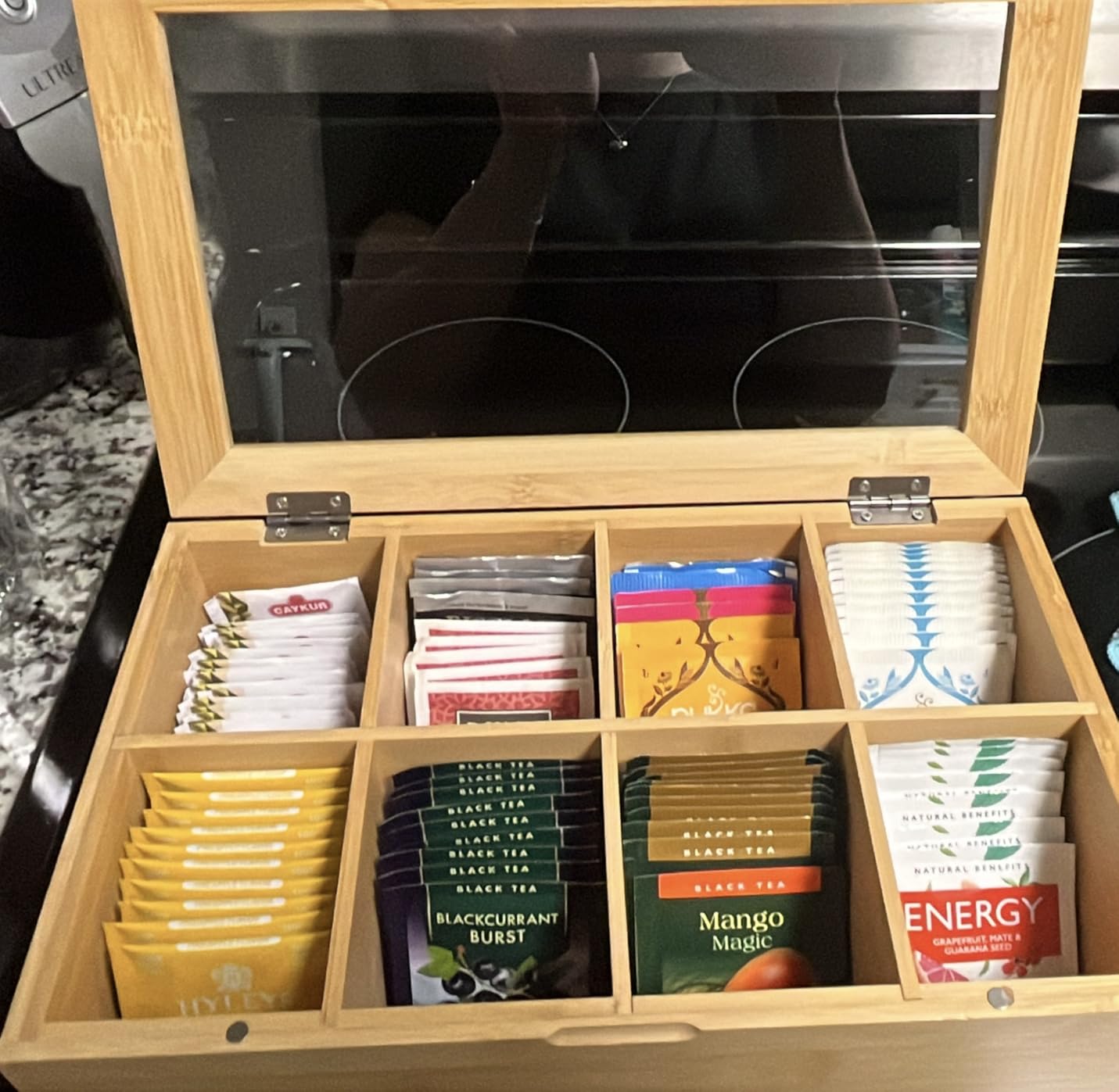 RoyalHouse Big Natural Bamboo Tea Storage Organizer with Clear Acrylic Top Window, 12 Compartments Eco-Friendly Tea Bag Holder, Multi-Functional Storage Box customer photo 1