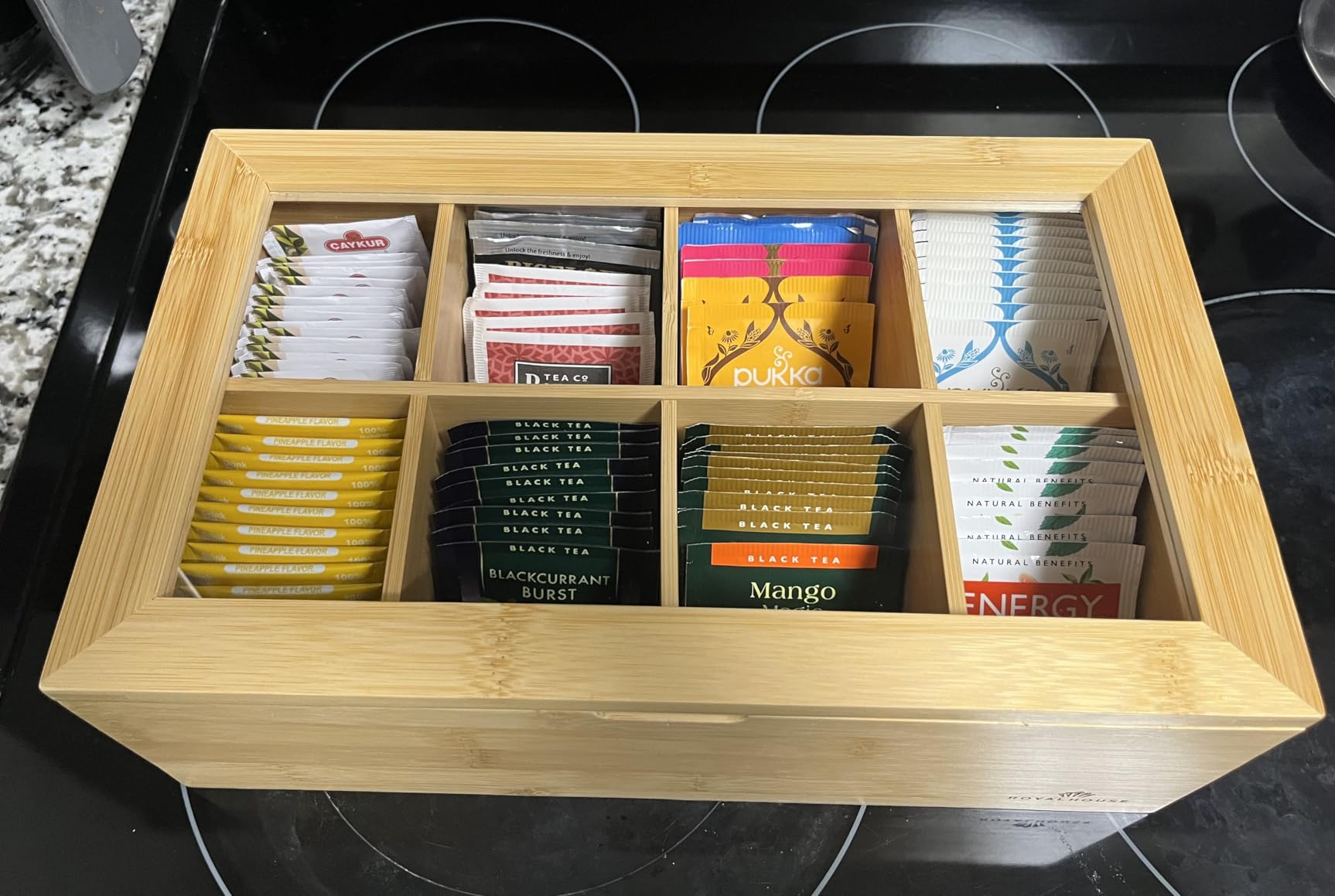 RoyalHouse Big Natural Bamboo Tea Storage Organizer with Clear Acrylic Top Window, 12 Compartments Eco-Friendly Tea Bag Holder, Multi-Functional Storage Box customer photo 2