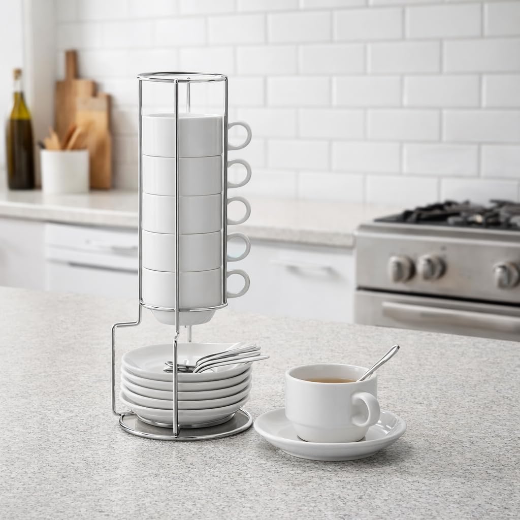 AOZITA Espresso Cups and Saucers with Spoons, Stand Rack, 19-piece Porcelain Stackable Mugs, 2.5-Ounce Demitasse Cups for Latte, Cafe Mocha customer photo 1