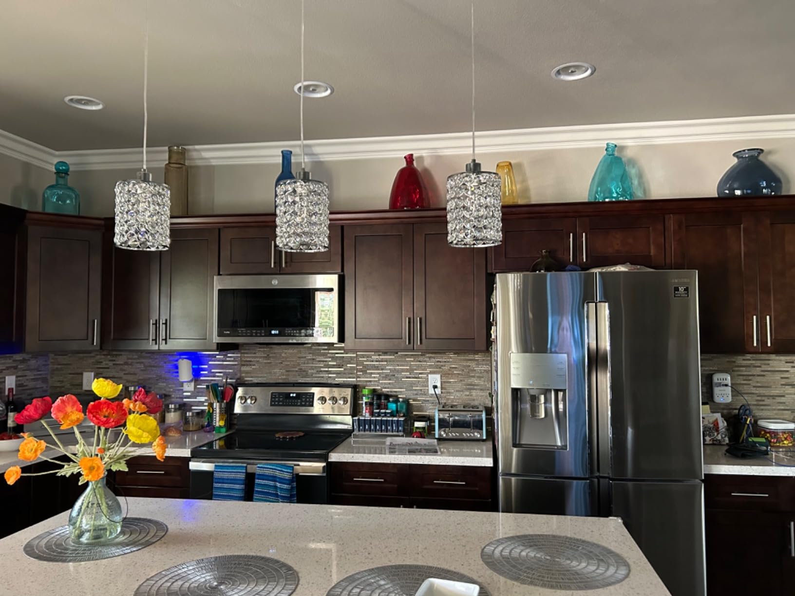 3 Pack Crystal Pendant Light, Modern Chrome Kitchen Island Pendant Lighting,Cord Adjustable Bar Ceiling Hanging Lights for Kitchen Dining Room Bedroom Bar customer photo 2