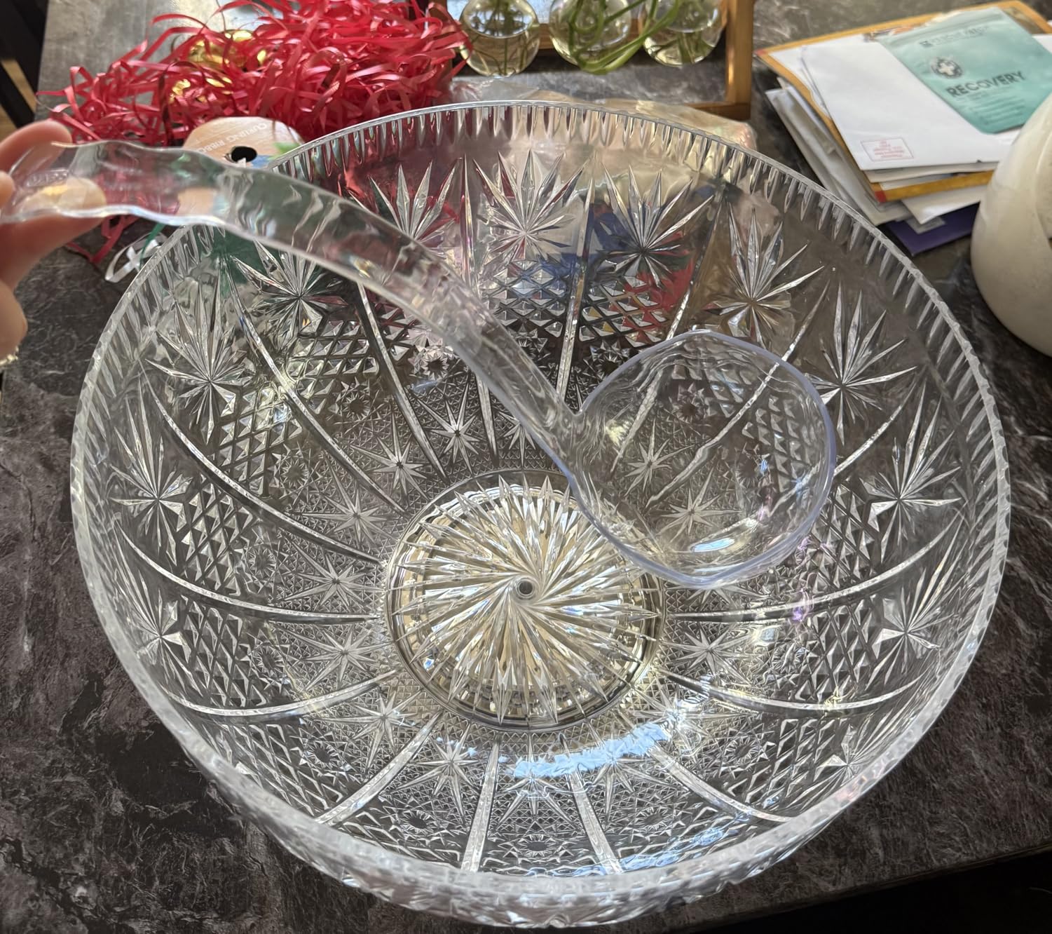 Upper Midland Products Crystal Cut Plastic Punch Bowl With Ladle 3 Gallon Chrome Base For Parties customer photo 2