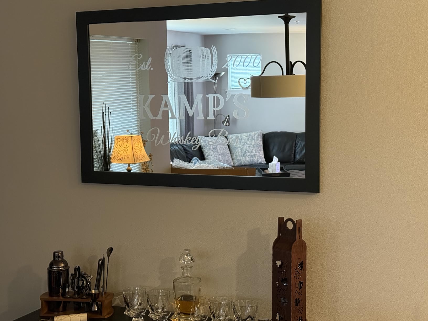 Lifetime Creations Personalized Whiskey Barrel Bar Mirror - Custom Engraved Home Bar Decor - Framed Reflective Glass - 27