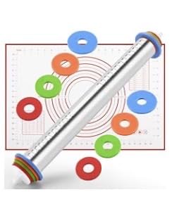 Rolling Pin nonstick and Silicone Baking Pastry Mat combo kit, Adjustable Rolling Pin With Thickness Rings for Baking Fondant, Pizza, Pie, Pastry, Pasta, Dough, Cookies (red) customer photo 1