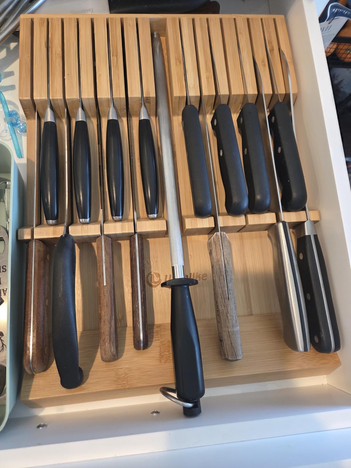 Utoplike In-drawer Knife Block Bamboo Kitchen Knife Drawer Organizer Large, handle Steak knife Holder without Knives, Fit for 16 Knife and 1 Sharpening Steel (Knives & Sharpening Not Included) customer photo 2