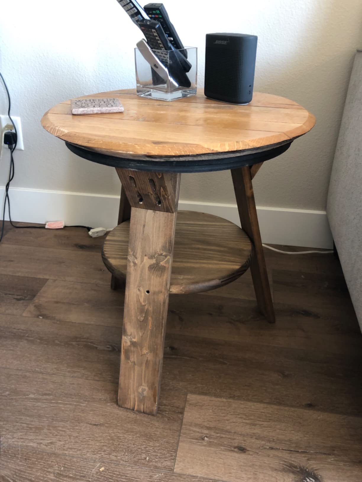 Bourbon Collection Whiskey Barrel Round Top End Table Rustic Wood Side Table with Shelf Accent Furniture customer photo 2
