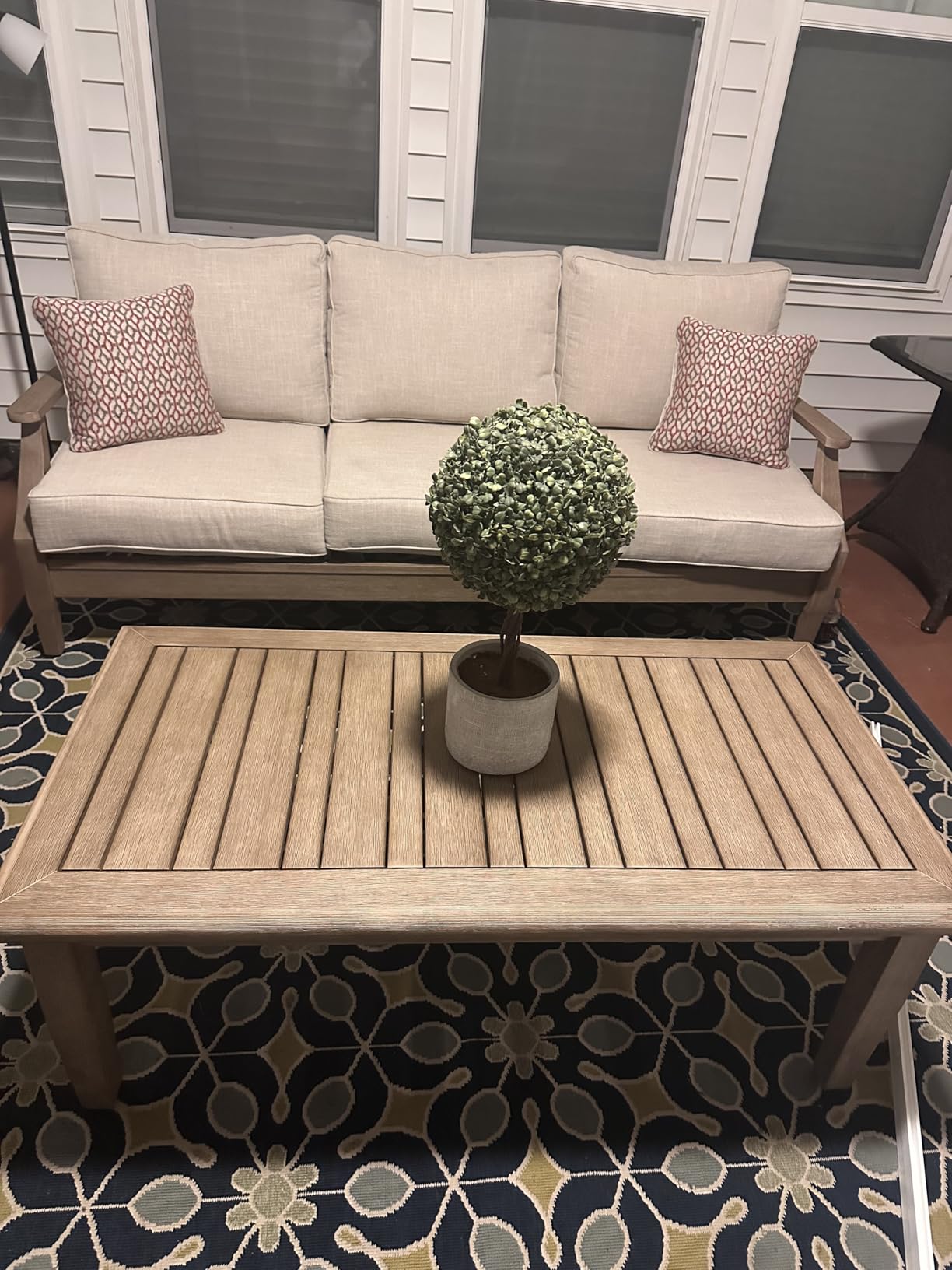 Signature Design by Ashley Gerianne Outdoor Coffee Table, Eucalyptus Wood Outdoor With 5‑Step Protective Finish & Slatted Top for Rain Shedding, Durable Patio Table, Brown customer photo 2