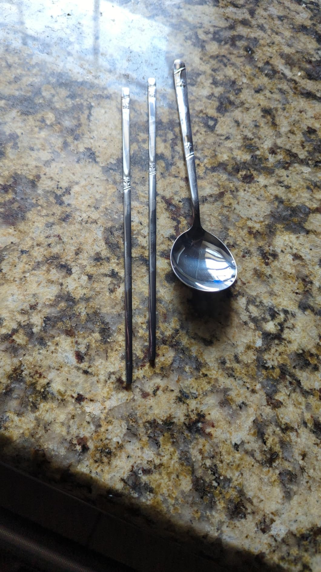 Polished Stainless Steel Spoons and Chopsticks Set, Korean Chopsticks and Spoons tableware with long-hand, Reusable, set of 3-silver customer photo 1