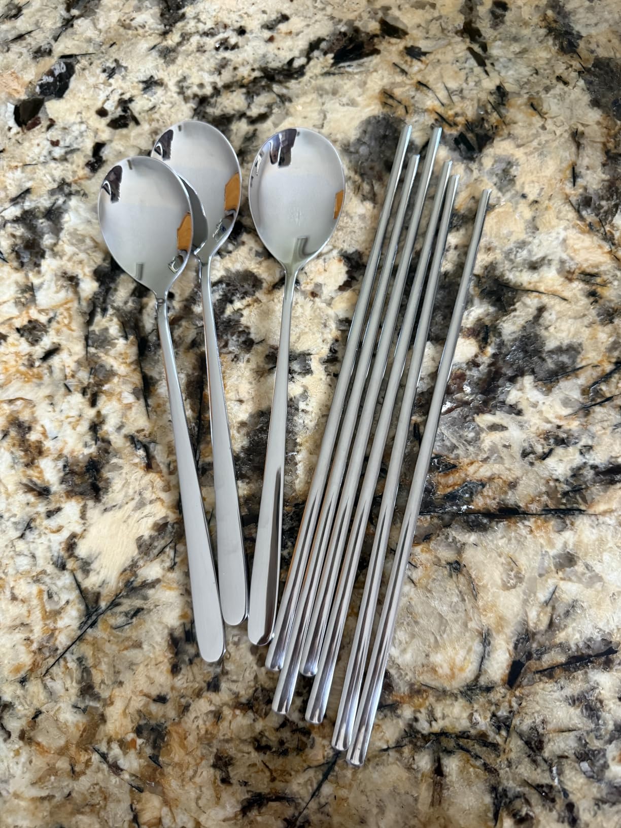 Polished Stainless Steel Spoons and Chopsticks Set, Korean Chopsticks and Spoons tableware with long-hand, Reusable, set of 3-silver customer photo 2