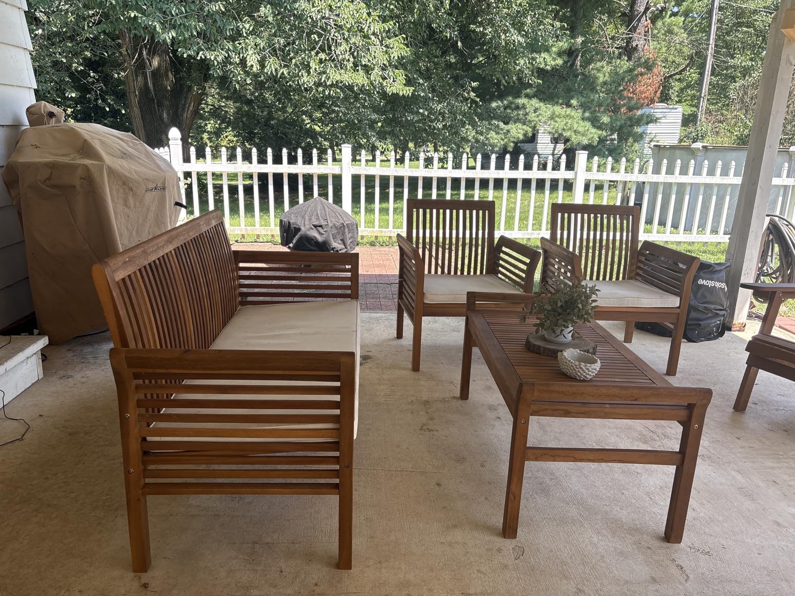 Tangkula 4 Piece Outdoor Acacia Wood Sofa Set with Water Resistant Cushions, Padded Patio Conversation Table Chair Set w/Coffee Table for Garden, Backyard, Poolside customer photo 2