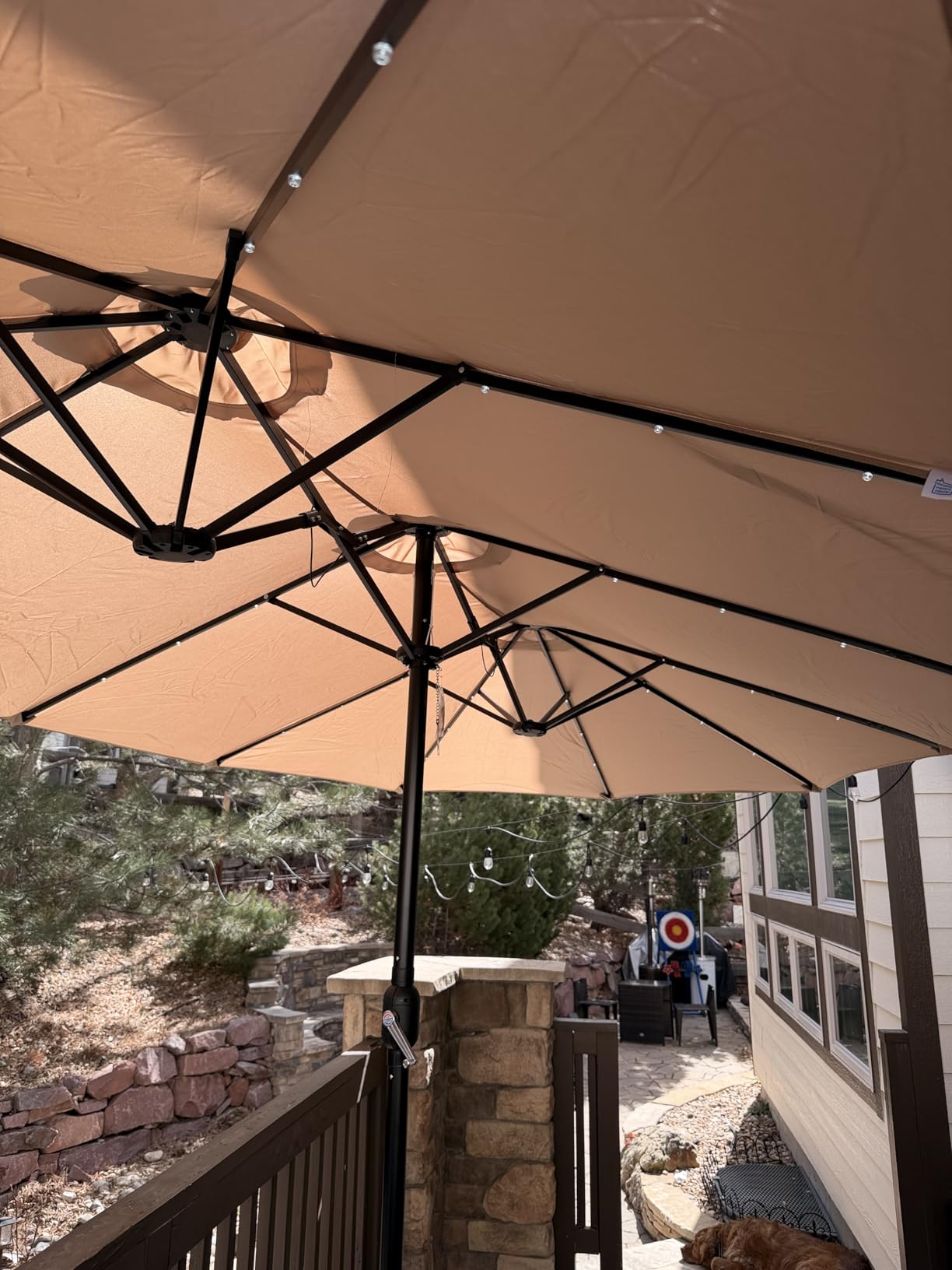 PHI VILLA 15ft Large Patio Umbrella with Base & Solar Lights, Double-Sided Outdoor Rectangle Umbrellas with 36 LED Lights, Umbrella for Outside with Stand customer photo 1