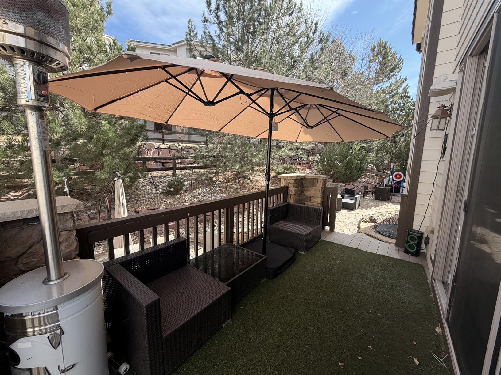 PHI VILLA 15ft Large Patio Umbrella with Base & Solar Lights, Double-Sided Outdoor Rectangle Umbrellas with 36 LED Lights, Umbrella for Outside with Stand customer photo 2