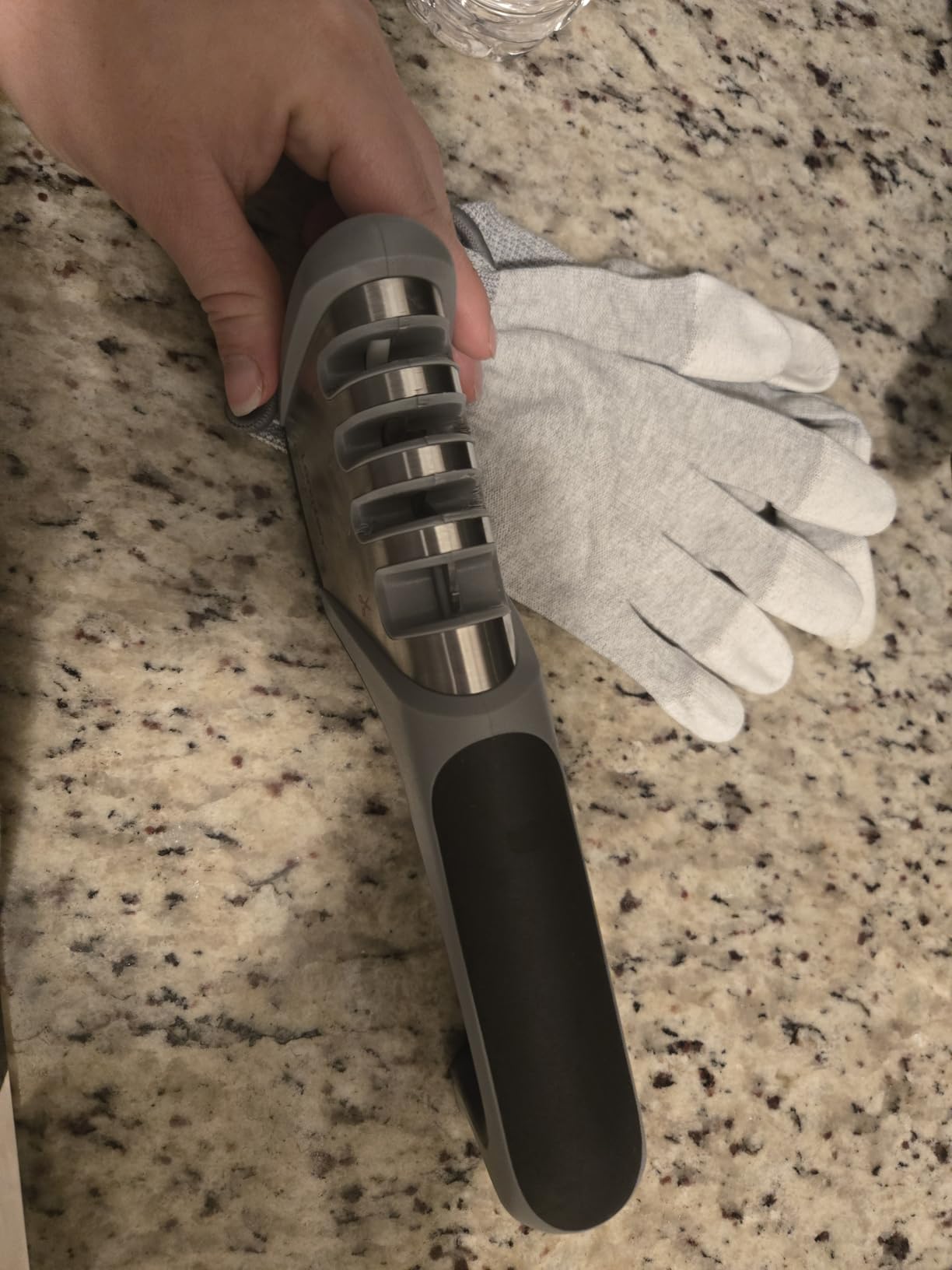 Longzon 5-in-1 Knife Sharpener 4 Stage with Cut-Resistant Glove, Quickly Sharpens & Restores Dull Blades, Easy & Safe for Home Kitchen Use, Fits Most Knives and Scissors, Black+Silver customer photo 1