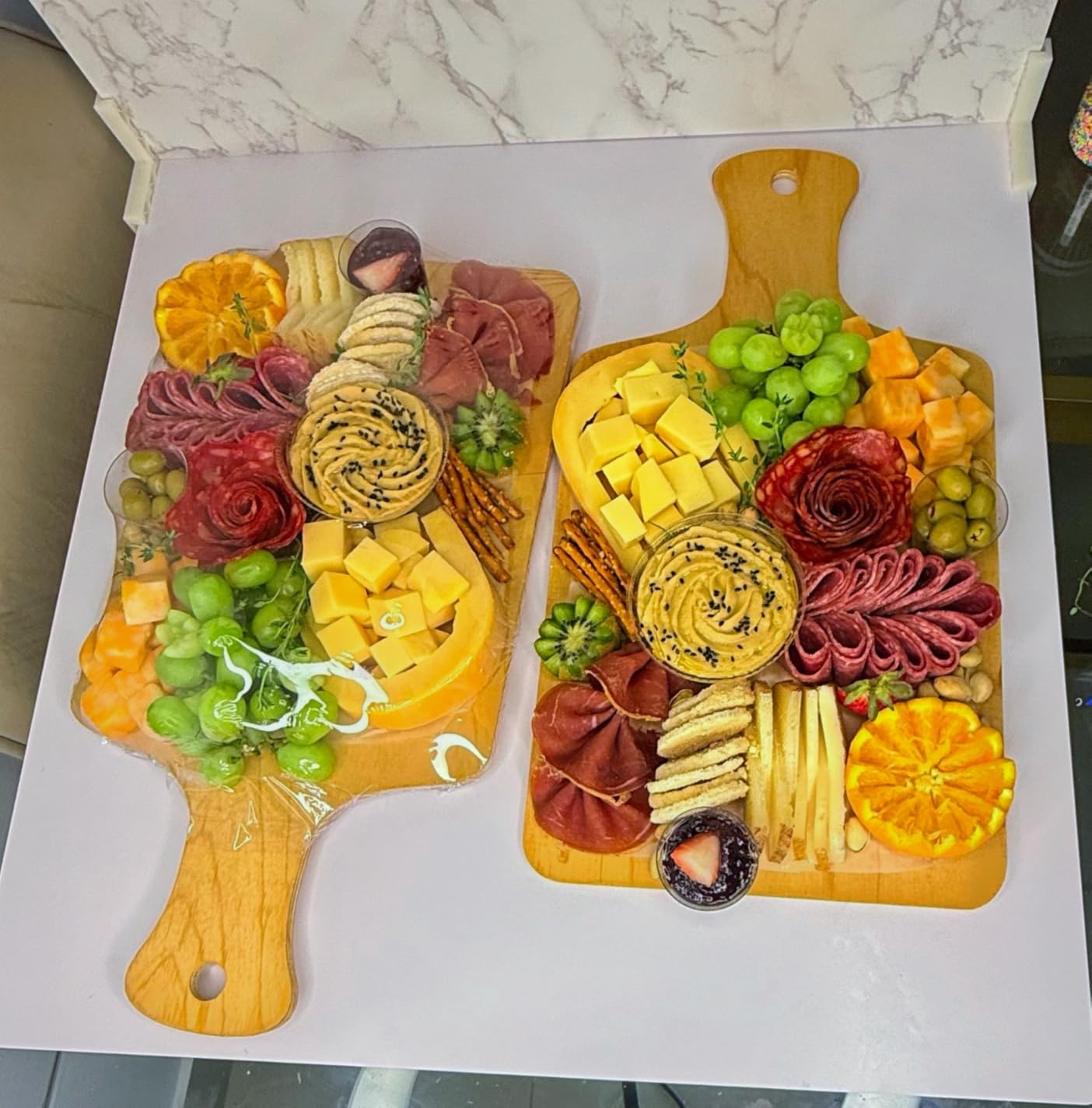 2 PCS Boards Photo Backdrop for Flat Lay, Food Photography Background 24x24 Inch, BEIYANG (Black Walnut+Dark Gray) customer photo 1