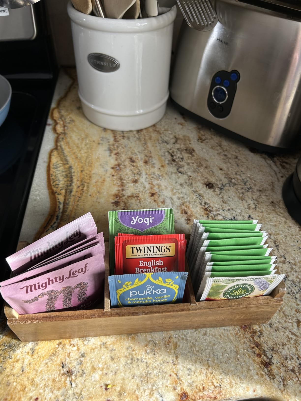 HTB Small Tea Bag Box Wooden, 3 Compartments Acacia Wood Tea Bag Chest with Handle, Mini Countertop Divided Storage Container for Beverage Supplies, Sugar, Sweeteners, Individual Packets customer photo 1