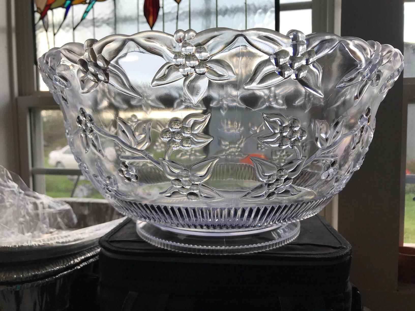 Party Essentials Hard Plastic Embossed Serving Bowl For Punch/Salad/Snack/Treat, Clear, 12-Quart with Ladle, Tong & 12 Stemless Wine Glasses customer photo 2