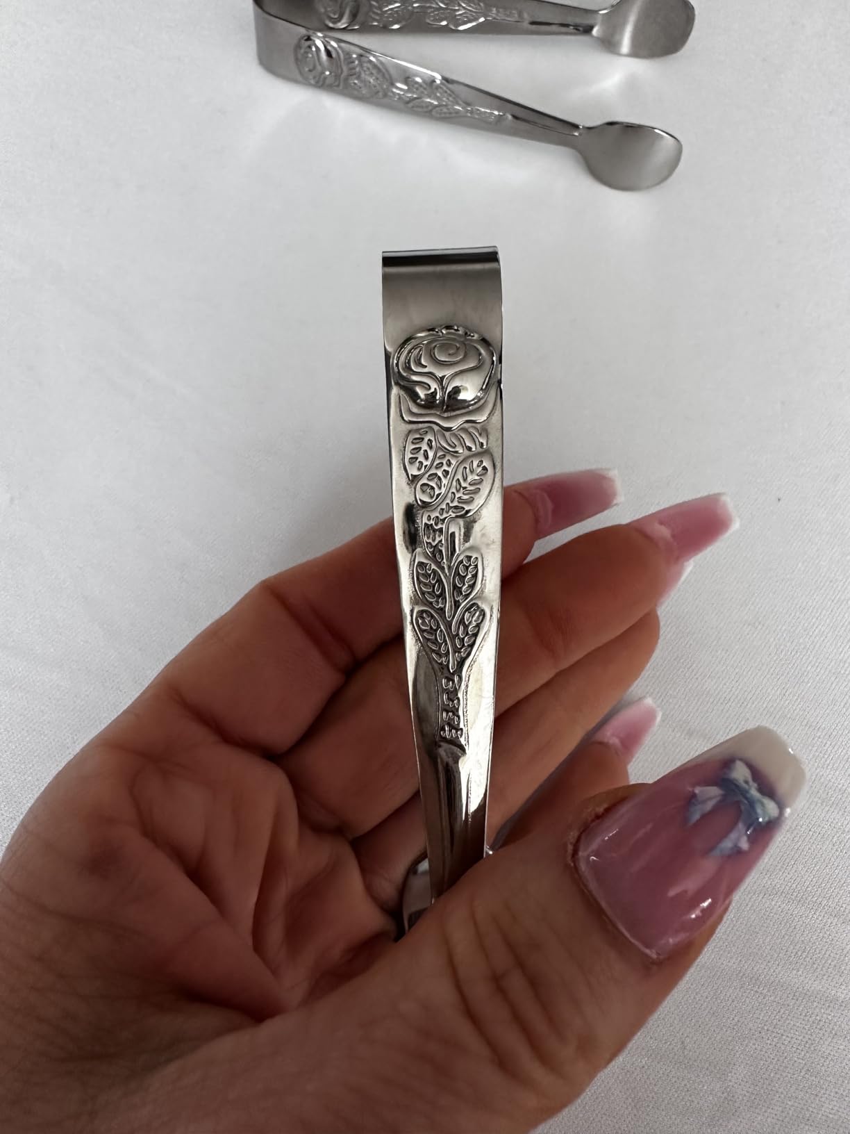 3PCS Mini Serving Tongs, 4Inch Rose Stainless Steel Sugar Cube Tongs, Sliver Small Ice Tong for Tea and Coffee Party, Appetizers, Desserts by Sunenlyst (Silver) customer photo 2