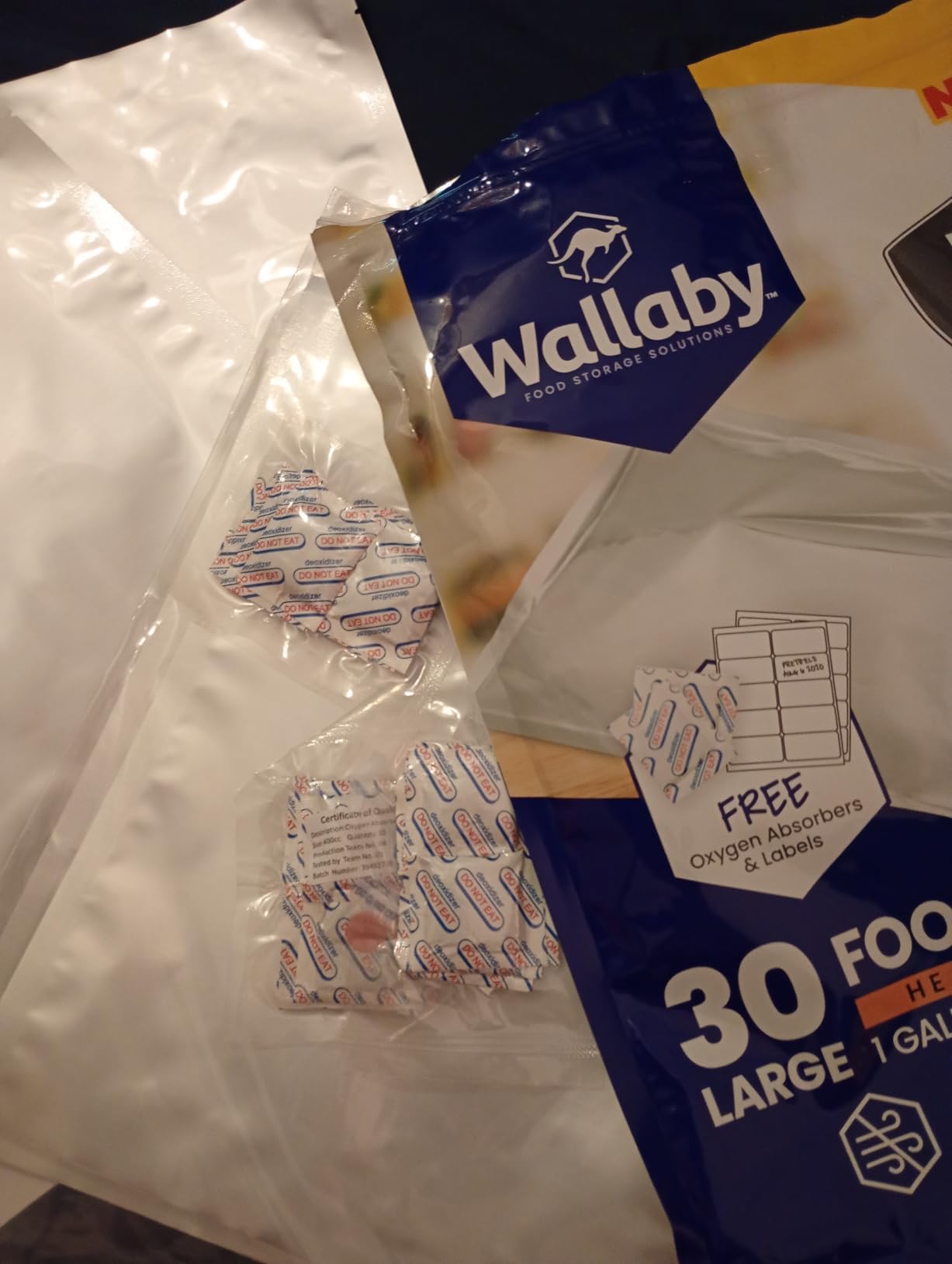 Wallaby 15 Count 5-Gallon Mylar Bags with 2500cc Oxygen Absorbers, 10 Mil Total Thickness Long-Term Food Storage Pouches, 20x30 Resealable Zipper Heat-Sealable Airtight Packaging customer photo 1