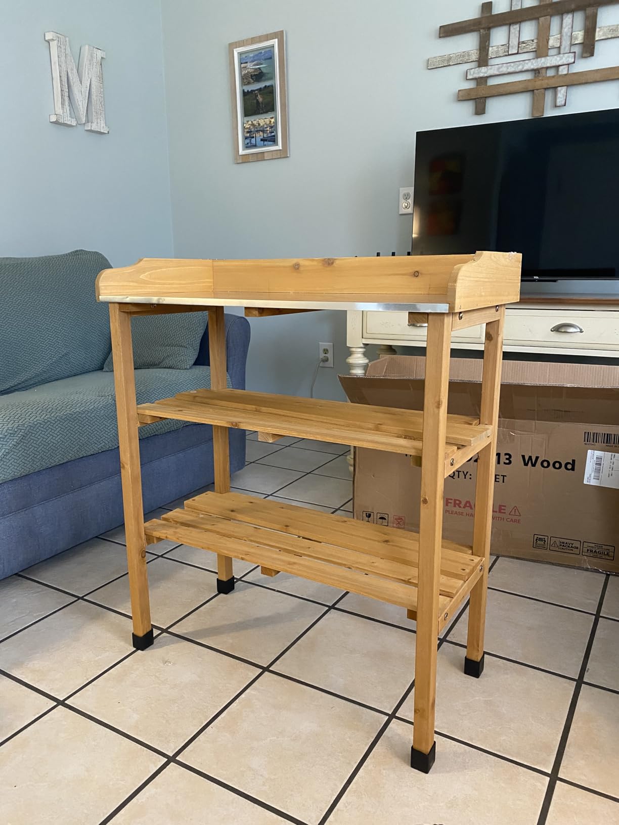 Yaheetech Outdoor Garden Potting Bench Table Wooden Horticulture Planting Workstation w/Metal Tabletop/Storage Shelf/3 Hooks, Natural Wood customer photo 1