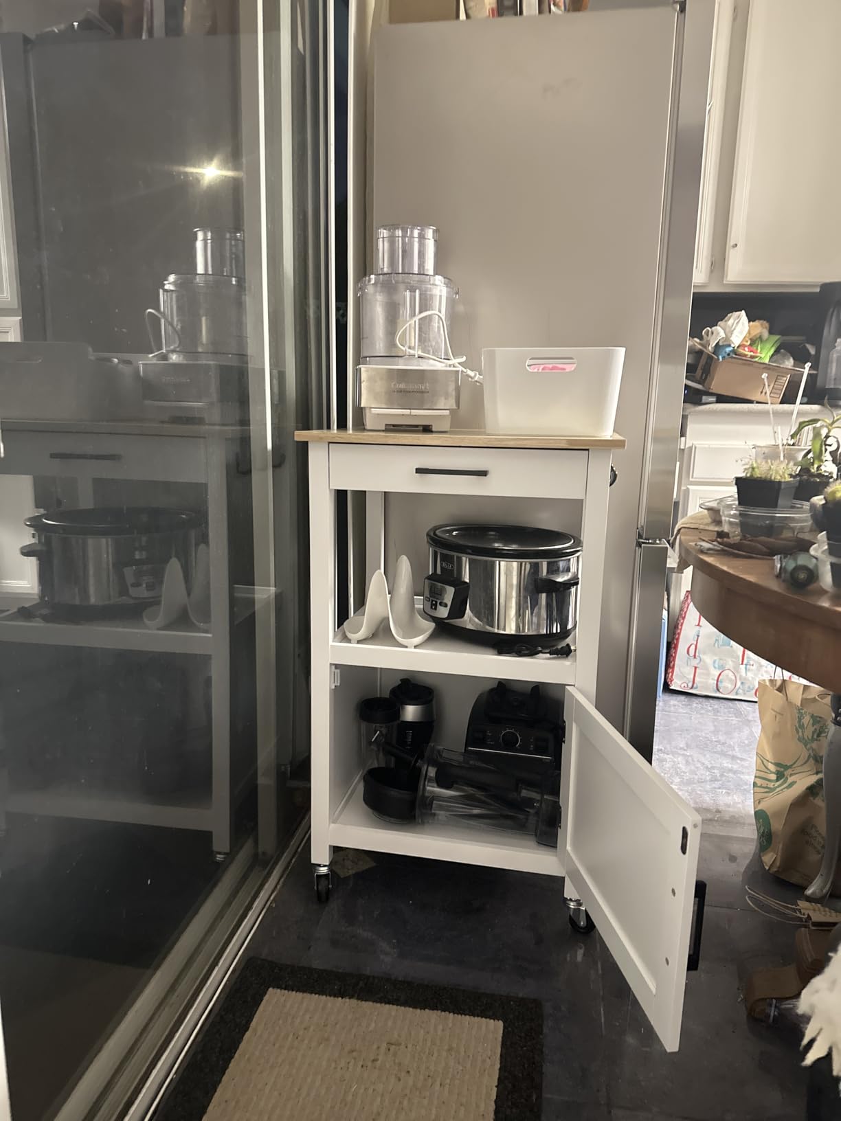 Yaheetech Kitchen Island Cart with Storage, Rolling Kitchen Island on Wheels with 6 Side Hooks, Wood Top Microwave Cart with Drawer for Dining Room, White customer photo 1