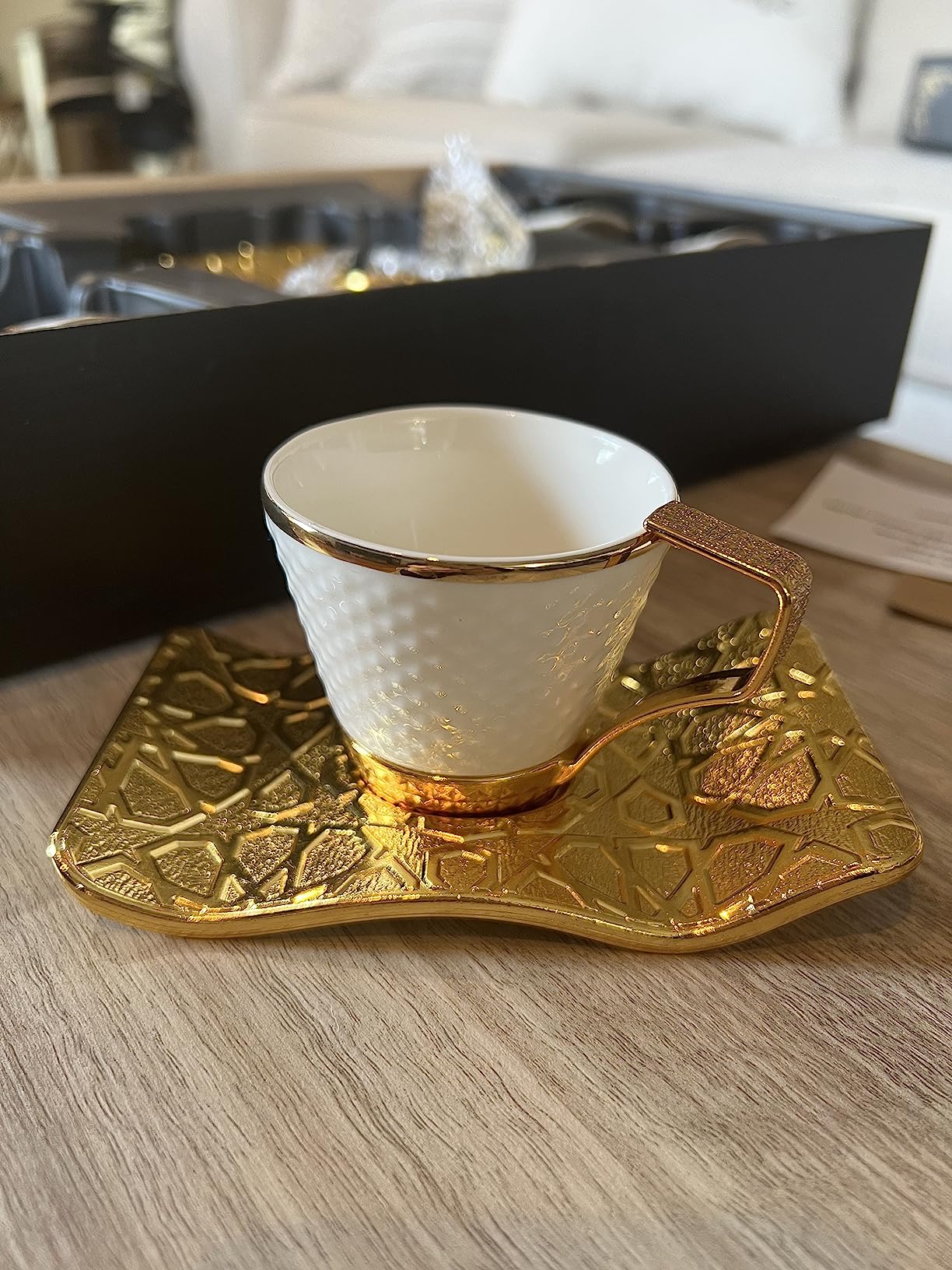 DEMMEX Turkish Greek Arabic Bosnian Coffee & Espresso Cup Set for 6 - 18 Pcs, Porcelain Demitasse Cups (2.6 Oz/80ml) with Gold Metal Holders & Saucers - Ottoman Chic Elegance, White & Gold customer photo 2