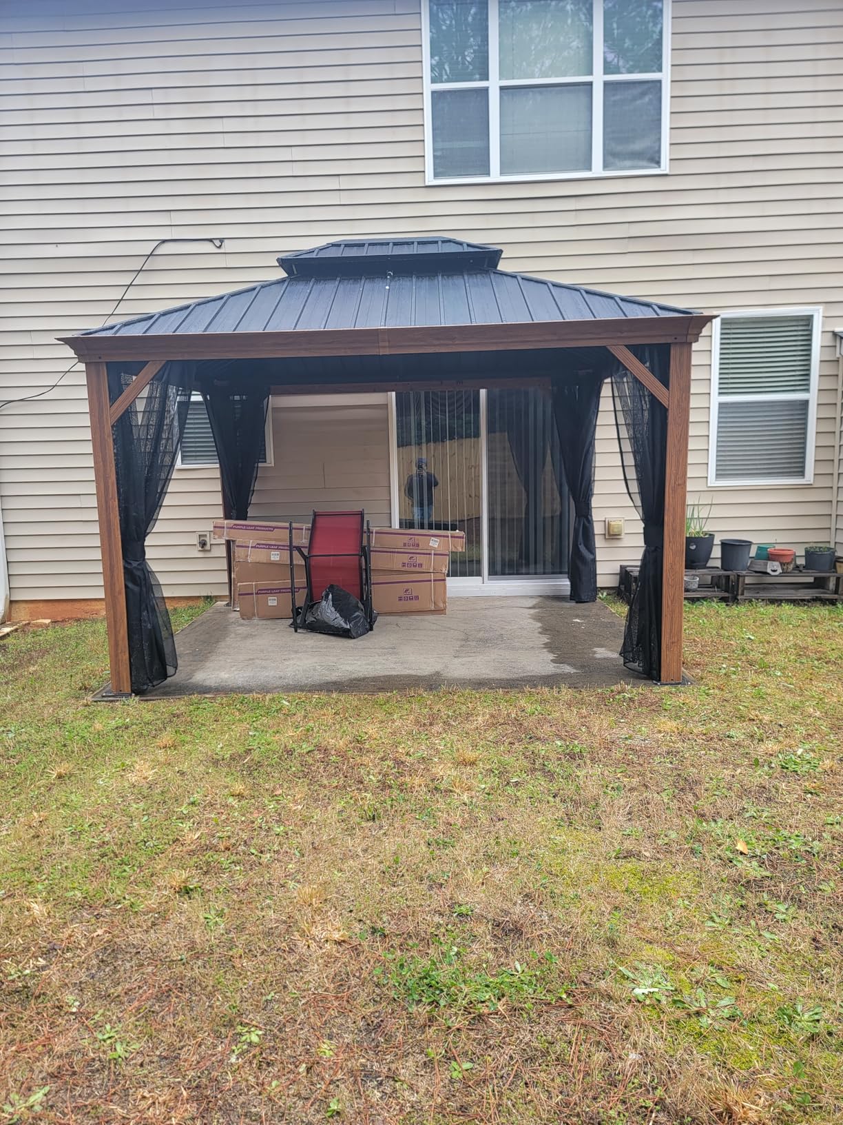 PURPLE LEAF 10' X 12' Outdoor Hardtop Gazebo for Patio Galvanized Steel Double Roof Permanent Canopy Teak Finish Coated Aluminum Frame Pavilion Gazebo with Netting customer photo 2