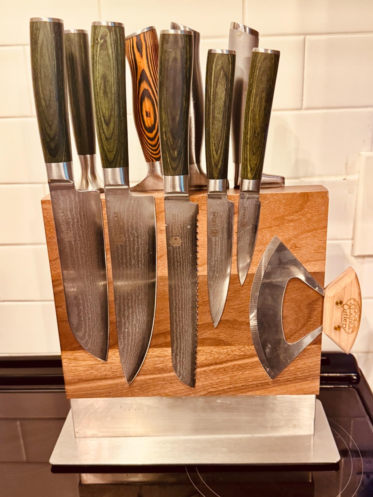 Coninx Magnetic Knife Holder with display stand, Double Sided Strong Magnetic Knife block for Kitchen counter top, Universal empty storage Organizer Block (Walnut Wood) customer photo 1