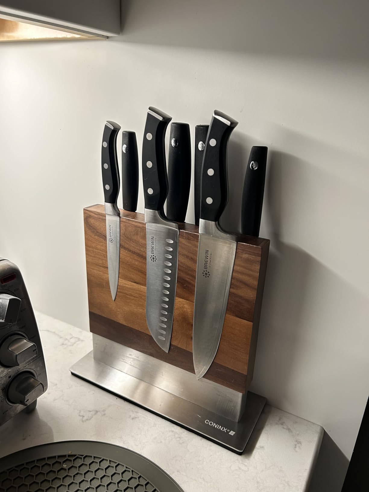Coninx Magnetic Knife Holder with display stand, Double Sided Strong Magnetic Knife block for Kitchen counter top, Universal empty storage Organizer Block (Walnut Wood) customer photo 2