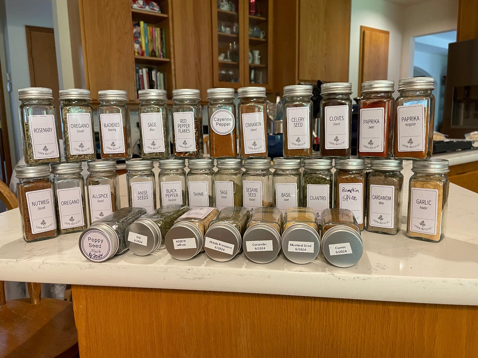 SWOMMOLY 48 Glass Spice Jars with 806 White Spice Labels, Chalk Marker and Funnel Complete Set. Empty Square Spice Bottles 4 oz, Spice Containers with Pour/sift Shaker Lid, Airtight Cap customer photo 2