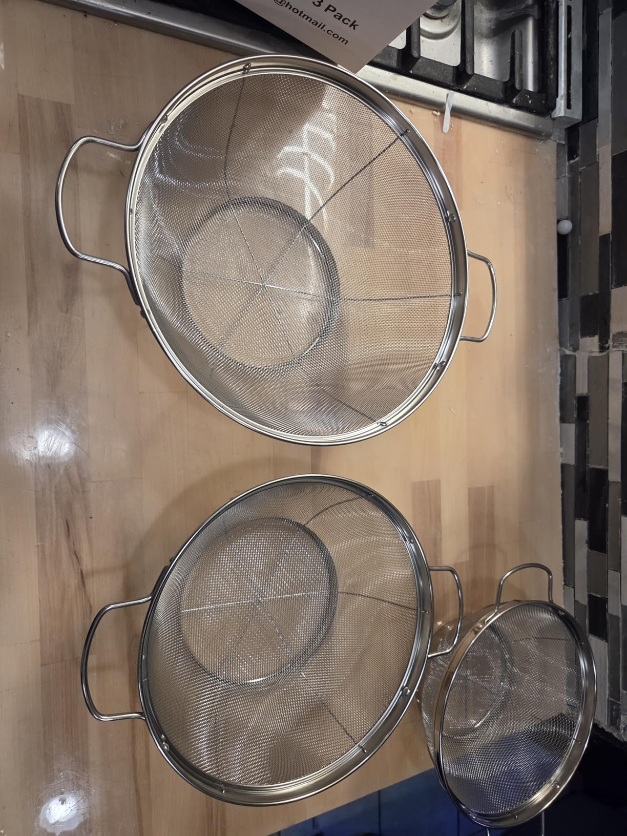 3 Pack 18/8 Stainless Steel Colander Sieves(5-Quart, 4-Quart and 3-Quart), Mesh Strainer Net Baskets with Handles & Resting Base for Strain, Drain, Rinse or Steam customer photo 1