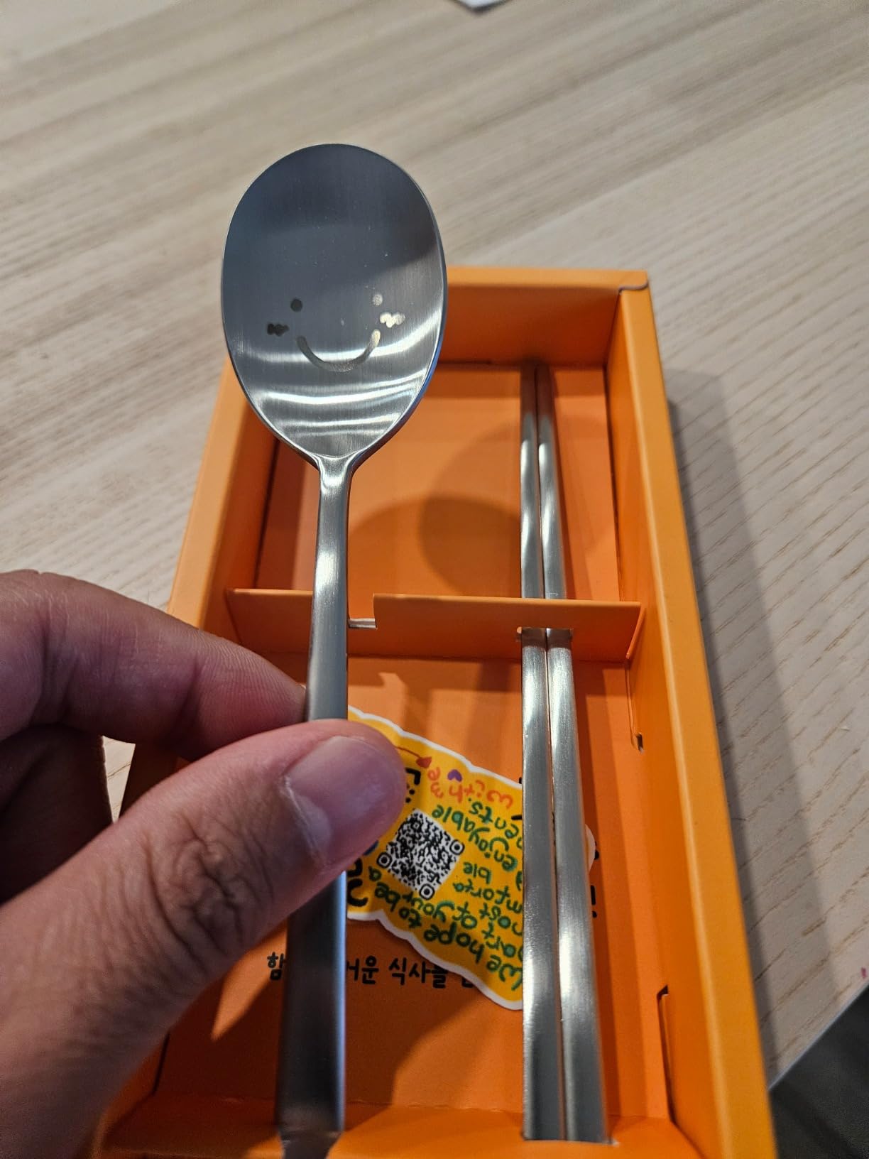 Korean Utensils Chopsticks and Spoon Set Reusable Long Handle Stainless Steel Good for Gift Happy Face & Hangul Characters Engraved Silver customer photo 1