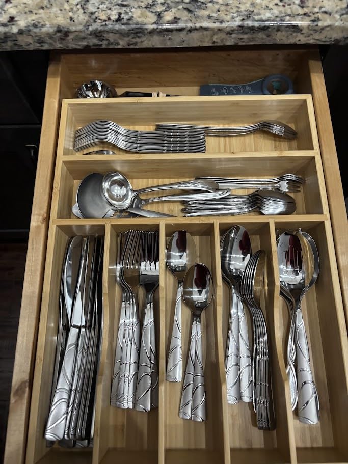 Umilife Bamboo Kitchen Drawer Organizer, 13 Inch Silverware Utensil Tray Holder, Extra Deep Grooved Drawer Divider, 7 Slots Total Bamboo Wood Caddy for Flatware Cutlery Knives, Forks, Spoons customer photo 2